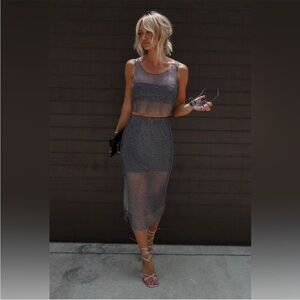 Two piece rhinestone set. Crop top and midi skirt, with bandeau undershirt